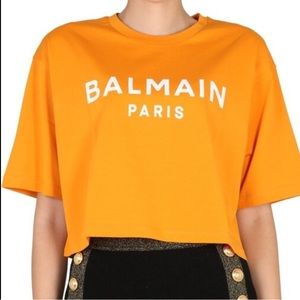 NWT Balmain Logo Crop T-Shirt Top Orange White